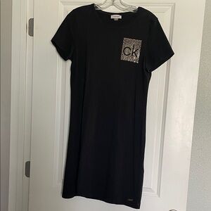 Calvin Klein Black Mini Dress with Embellished Gold Logo Size Medium